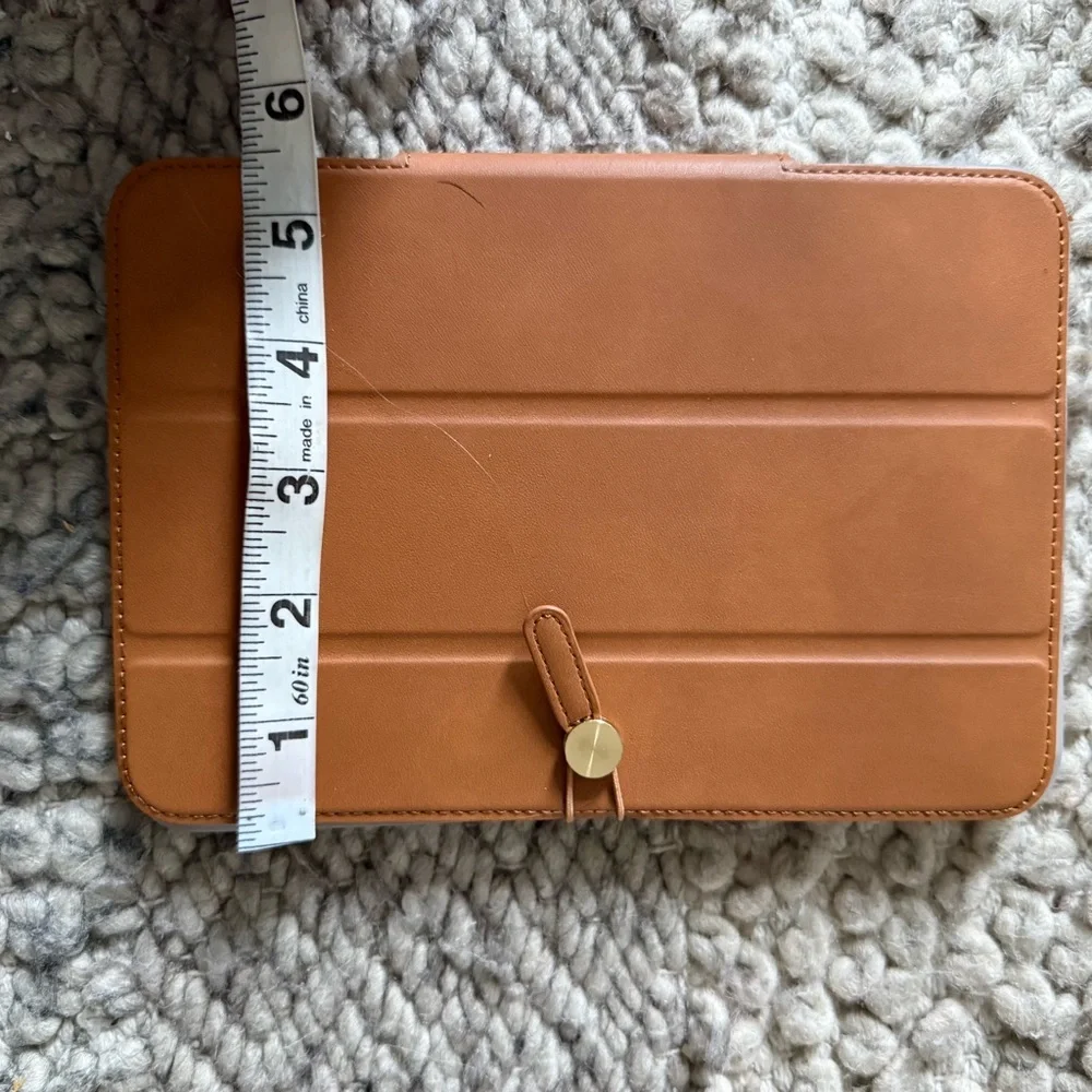 Heyday Tan Tablet Case for iPad Mini 6 trifold stand, faux, leather gold closure